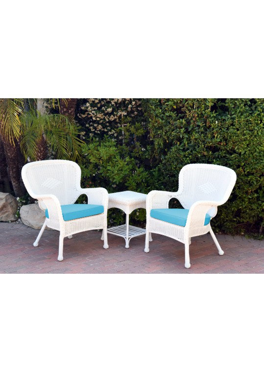 Windsor White Wicker Chair And End Table Set With Sky Blue Chair Cushion