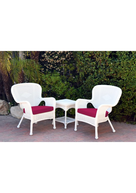 Windsor White Wicker Chair And End Table Set With Red Chair Cushion