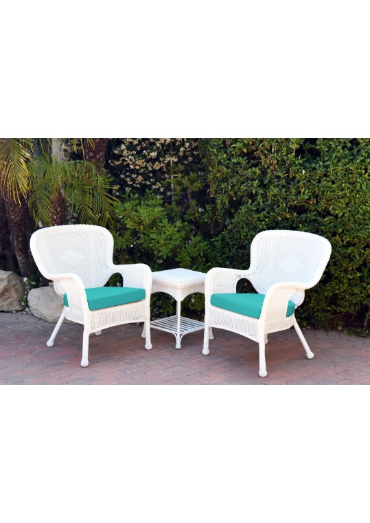 Windsor White Wicker Chair And End Table Set With Turquoise Chair Cushion