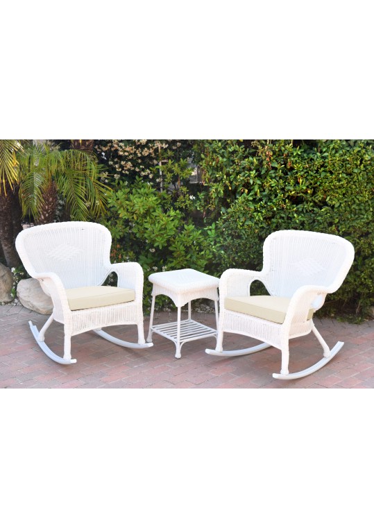 Windsor White Wicker Rocker Chair And End Table Set With Ivory Chair Cushion