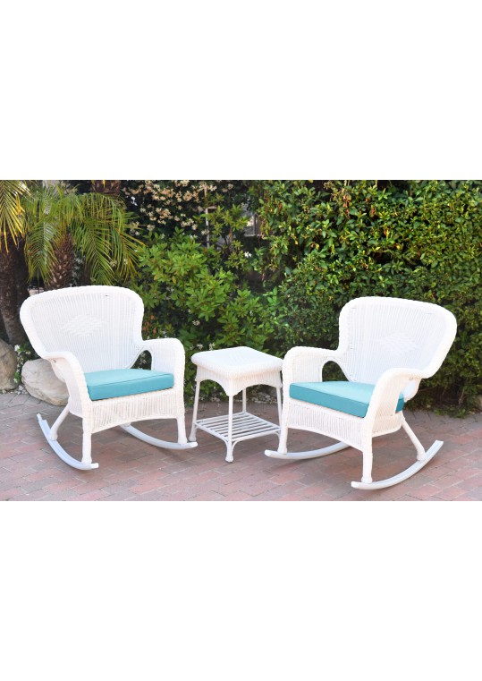 Windsor White Wicker Rocker Chair And End Table Set With Sky Blue Chair Cushion