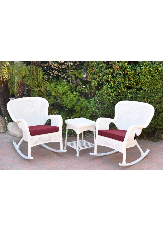 Windsor White Wicker Rocker Chair And End Table Set With Red Chair Cushion