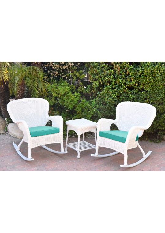 Windsor White Wicker Rocker Chair And End Table Set With Turquoise Chair Cushion
