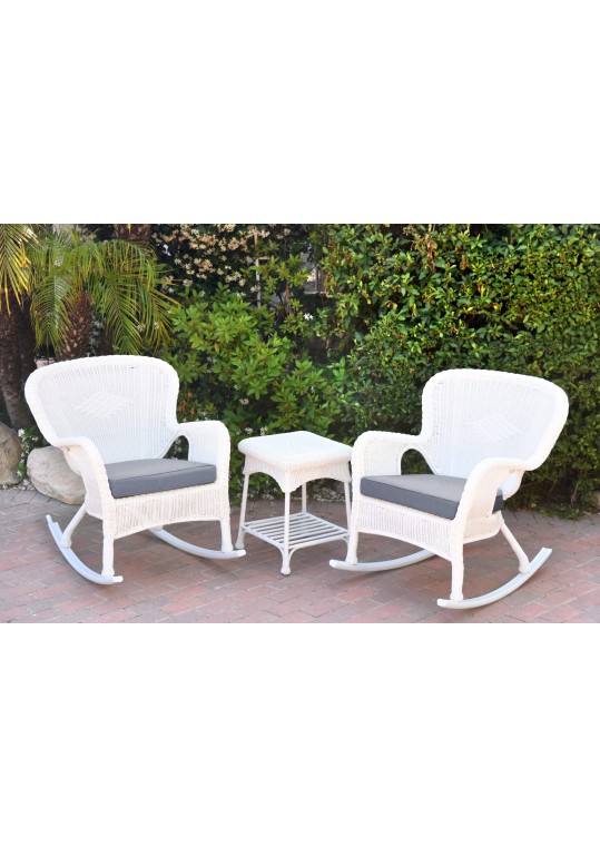 Windsor White Wicker Rocker Chair And End Table Set With Steel Blue Chair Cushion