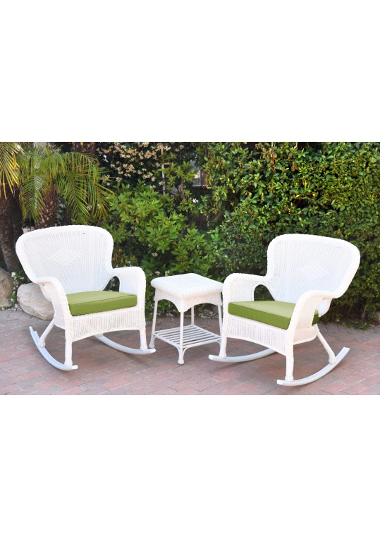 Windsor White Wicker Rocker Chair And End Table Set With Hunter Green Chair Cushion