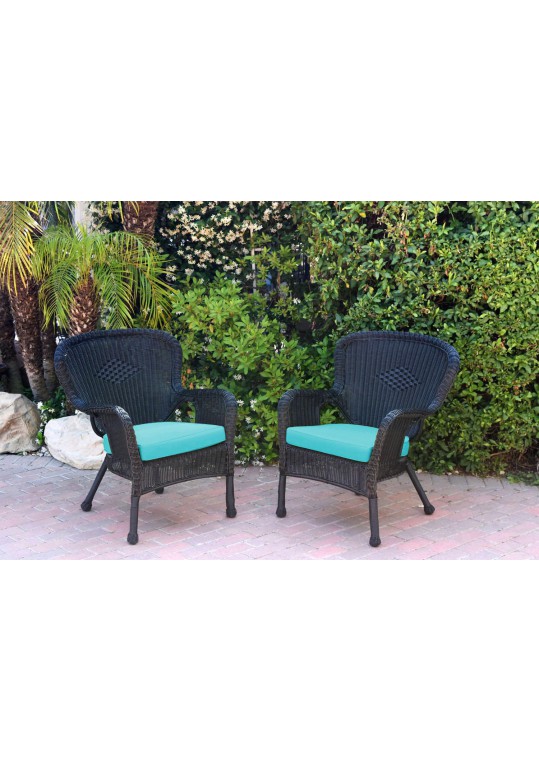 Set of 2 Windsor Black Resin Wicker Chair with Sky Blue Cushion