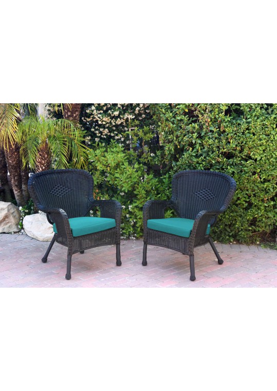 Set of 2 Windsor Black Resin Wicker Chair with Turquoise Cushion