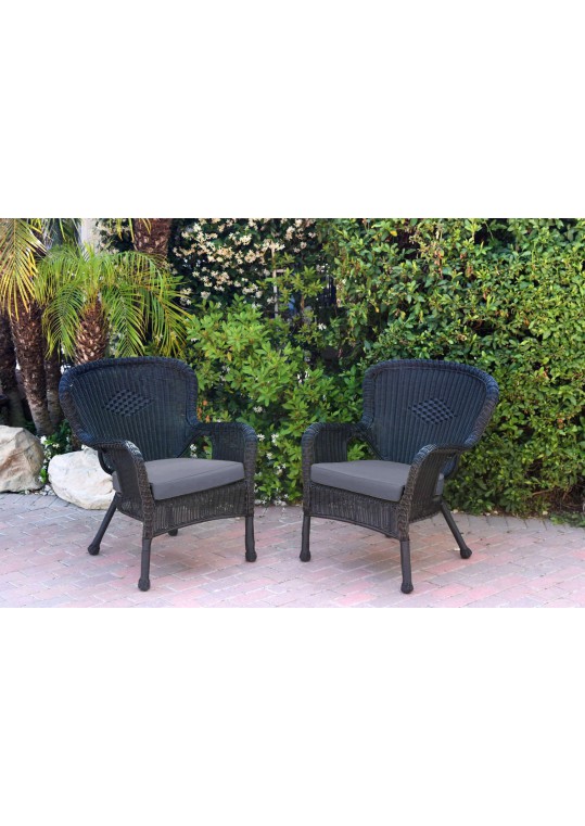 Set of 2 Windsor Black Resin Wicker Chair with Steel Blue Cushion