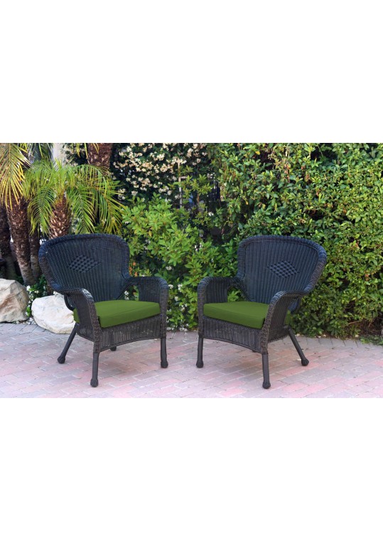 Set of 2 Windsor Black Resin Wicker Chair with Hunter Green Cushion