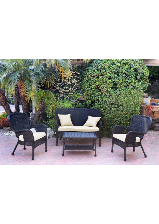 4pc Windsor Black Wicker Conversation Set - Ivory Cushions