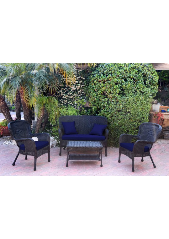 4pc Windsor Black Wicker Conversation Set - Midnight Blue Cushions