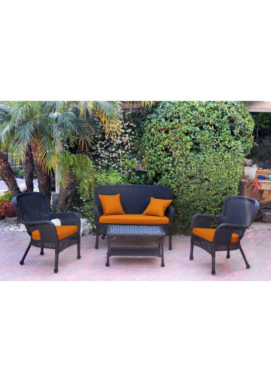 4pc Windsor Black Wicker Conversation Set - Orange Cushions