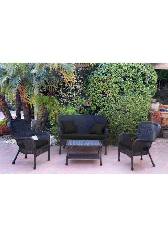 4pc Windsor Black Wicker Conversation Set - Black Cushions