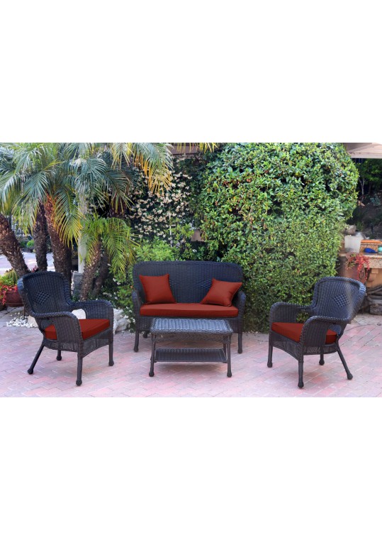 4pc Windsor Black Wicker Conversation Set - Brick Red Cushions