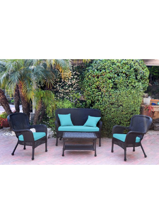 4pc Windsor Black Wicker Conversation Set - Sky Blue Cushions