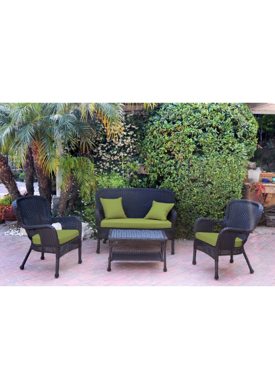 4pc Windsor Black Wicker Conversation Set - Sage Green Cushions