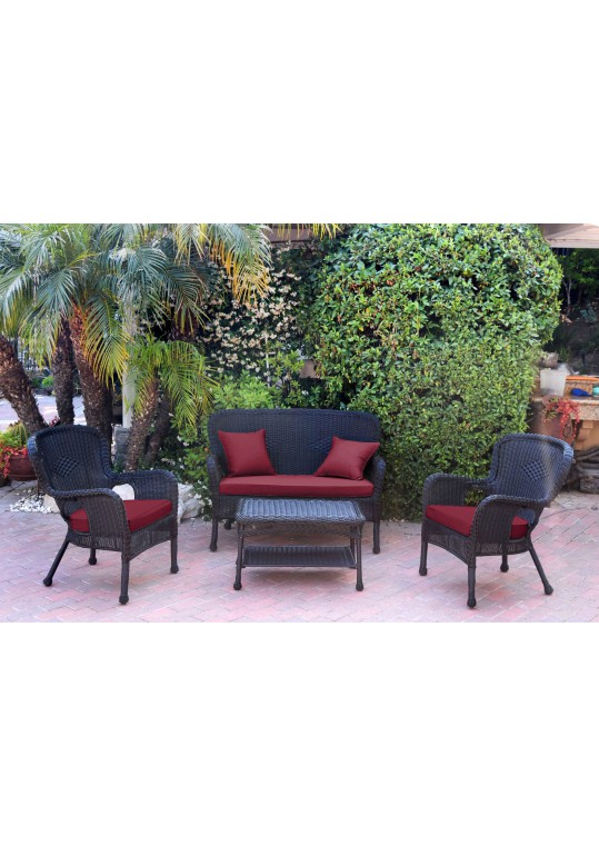 4pc Windsor Black Wicker Conversation Set - Red Cushions