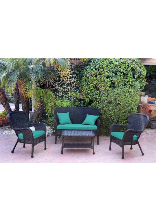 4pc Windsor Black Wicker Conversation Set - Turquoise Cushions