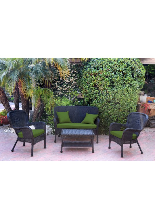 4pc Windsor Black Wicker Conversation Set - Hunter Green Cushions