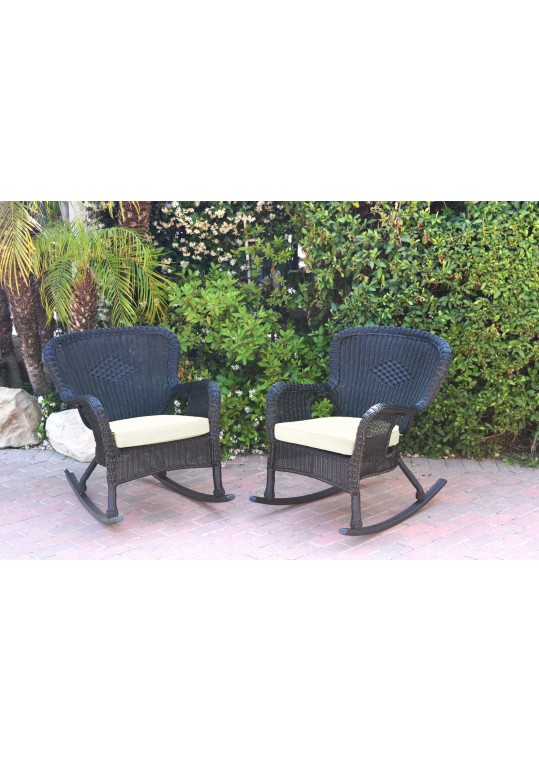Set of 2 Windsor Black  Resin Wicker Rocker Chair with Ivory Cushions