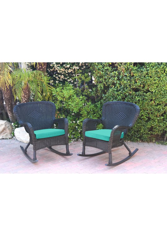 Set of 2 Windsor Black  Resin Wicker Rocker Chair with Turquoise Cushions