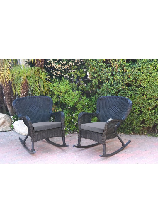 Set of 2 Windsor Black  Resin Wicker Rocker Chair with Steel Blue Cushions