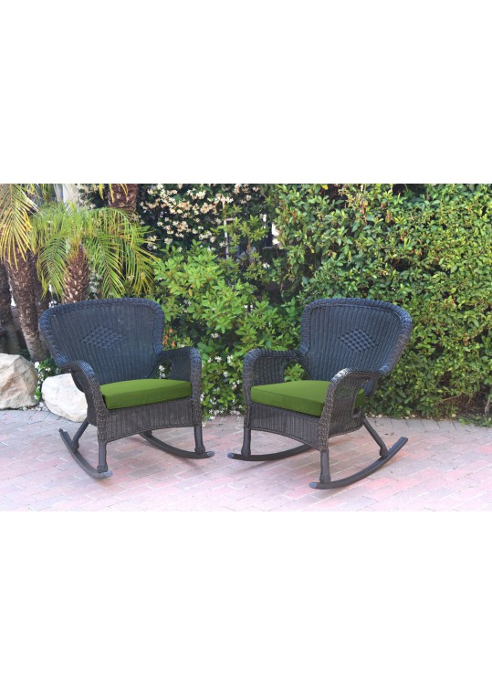 Set of 2 Windsor Black  Resin Wicker Rocker Chair with Hunter Green Cushions