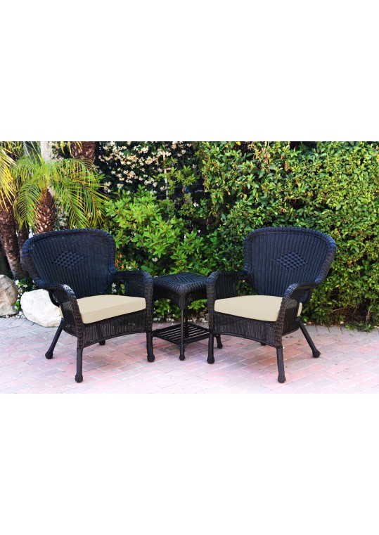 Windsor Black Wicker Chair And End Table Set With Ivory Chair Cushion