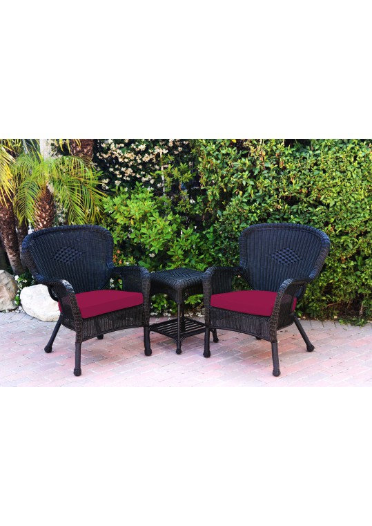 Windsor Black Wicker Chair And End Table Set With Red Chair Cushion