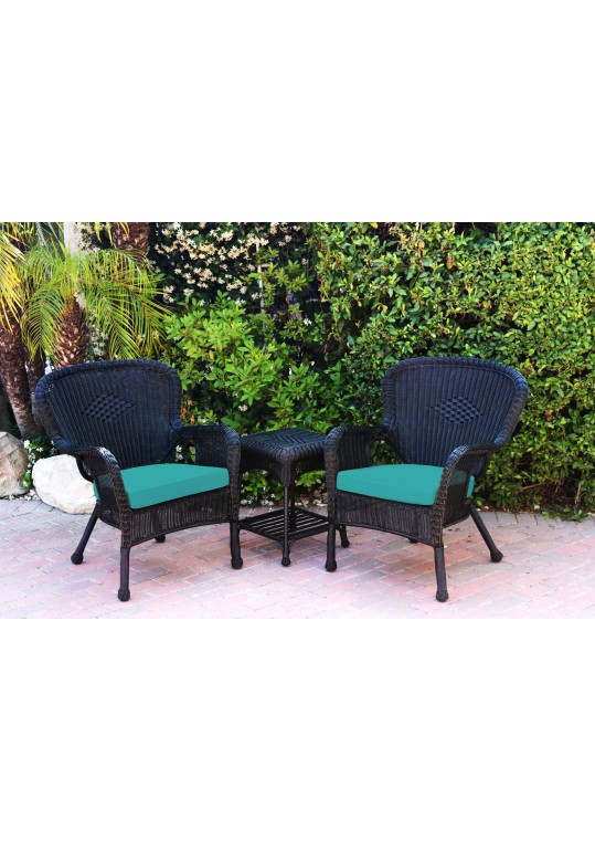 Windsor Black Wicker Chair And End Table Set With Turquoise Chair Cushion