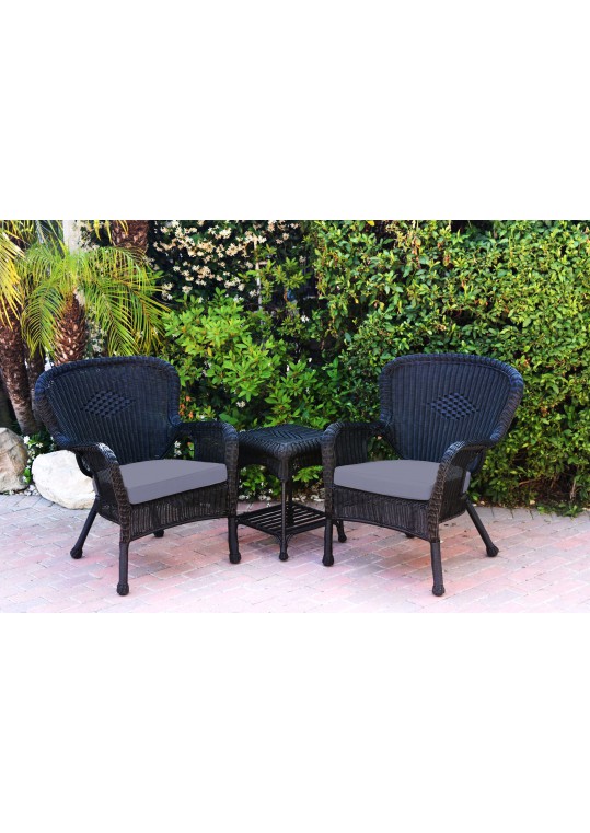Windsor Black Wicker Chair And End Table Set With Steel Blue Chair Cushion