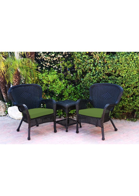 Windsor Black Wicker Chair And End Table Set With Hunter Green Chair Cushion