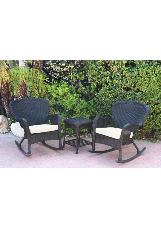 Windsor Black Wicker Rocker Chair And End Table Set With Ivory Chair Cushion