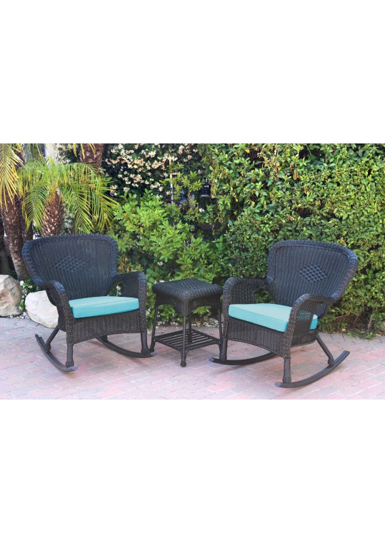 Windsor Black Wicker Rocker Chair And End Table Set With Sky Blue Chair Cushion