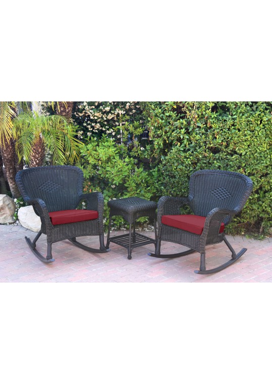 Windsor Black Wicker Rocker Chair And End Table Set With Red Chair Cushion