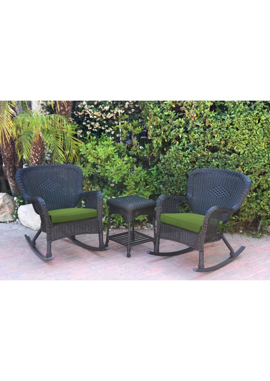 Windsor Black Wicker Rocker Chair And End Table Set With Hunter Green Chair Cushion