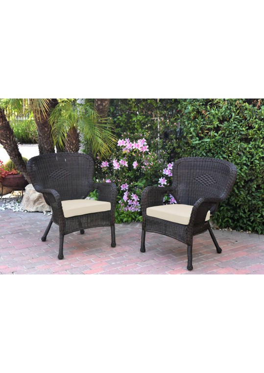 Set of 2 Windsor Espresso Resin Wicker Chair with Ivory Cushion