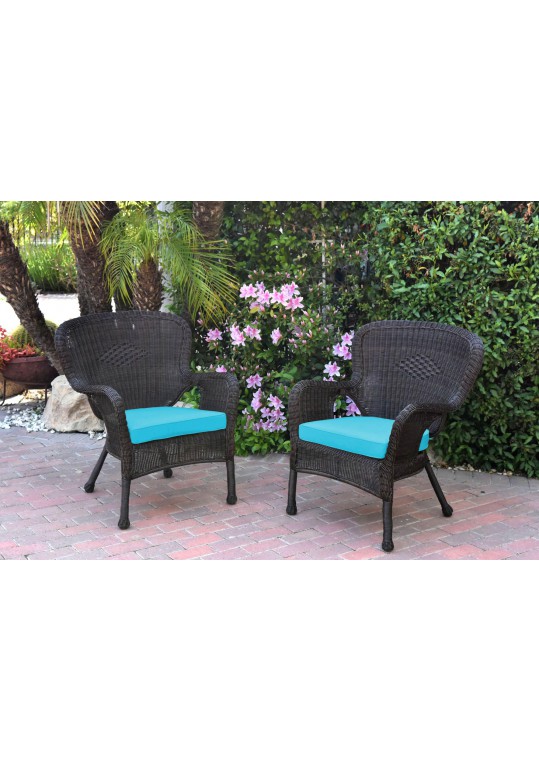 Set of 2 Windsor Espresso Resin Wicker Chair with Sky Blue Cushion