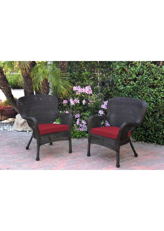 Set of 2 Windsor Espresso Resin Wicker Chair with Red Cushion