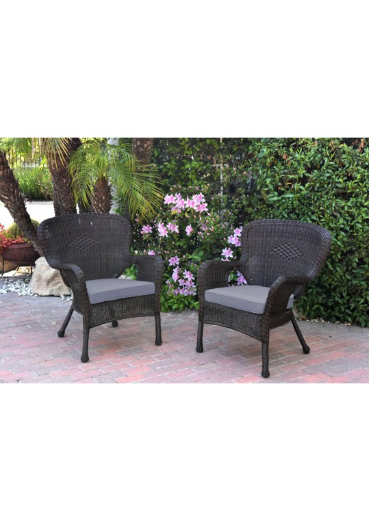 Set of 2 Windsor Espresso Resin Wicker Chair with Steel Blue Cushion