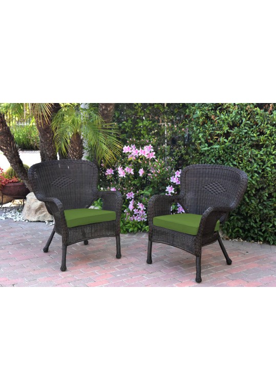 Set of 2 Windsor Espresso Resin Wicker Chair with Hunter Green Cushion