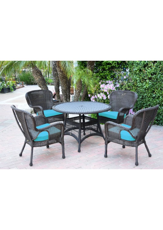 5pc Windsor Espresso Wicker Dining Set with Sky Blue Cushions