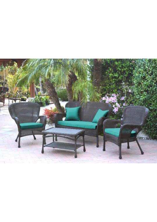 4pc Windsor Espresso Wicker Conversation Set - Turquoise Cushions
