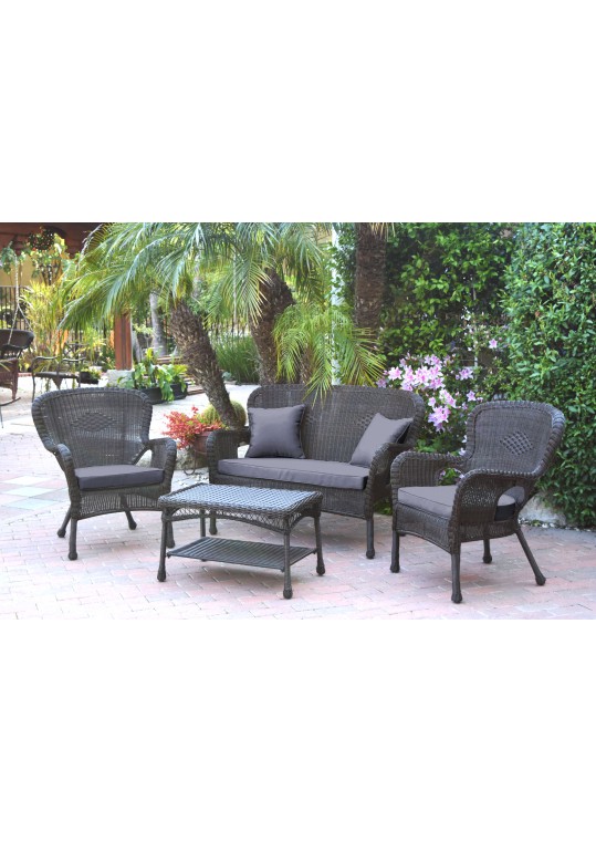 4pc Windsor Espresso Wicker Conversation Set - Steel Blue Cushions