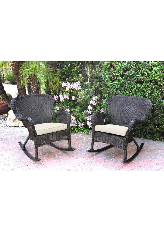 Set of 2 Windsor Espresso Resin Wicker Rocker Chair with Ivory Cushions