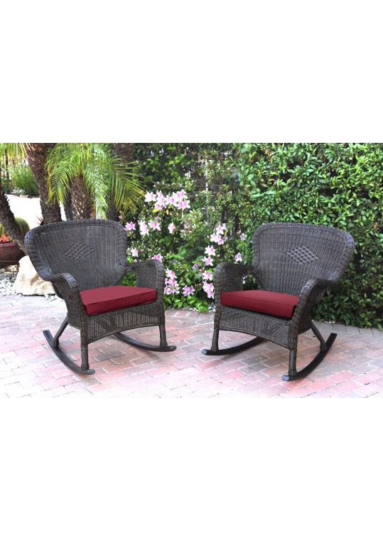 Set of 2 Windsor Espresso Resin Wicker Rocker Chair with Red Cushions