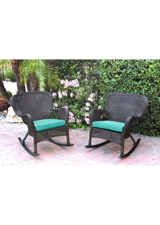 Set of 2 Windsor Espresso Resin Wicker Rocker Chair with Turquoise Cushions