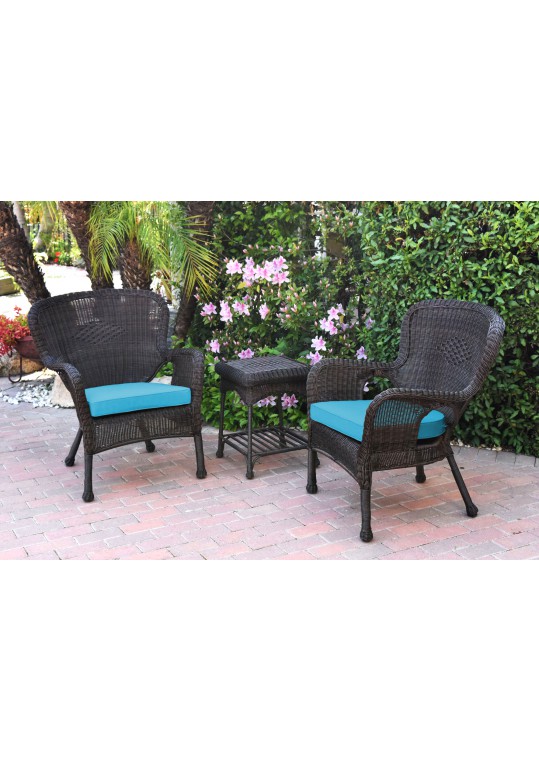 Windsor Espresso Wicker Chair And End Table Set With Sky Blue Chair Cushion