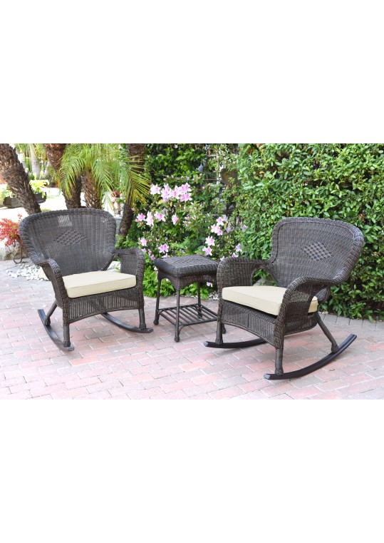 Windsor Espresso Wicker Rocker Chair And End Table Set With Ivory Chair Cushion