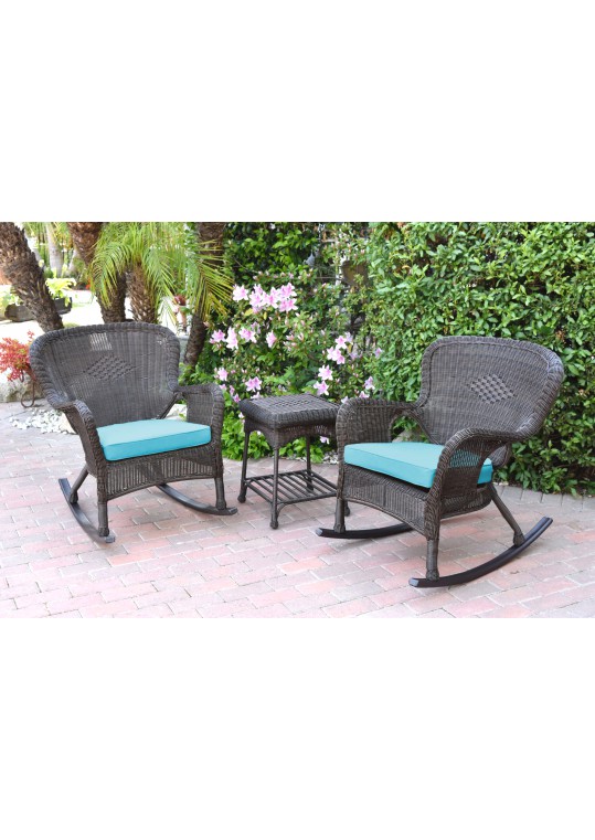 Windsor Espresso Wicker Rocker Chair And End Table Set With Sky Blue Chair Cushion